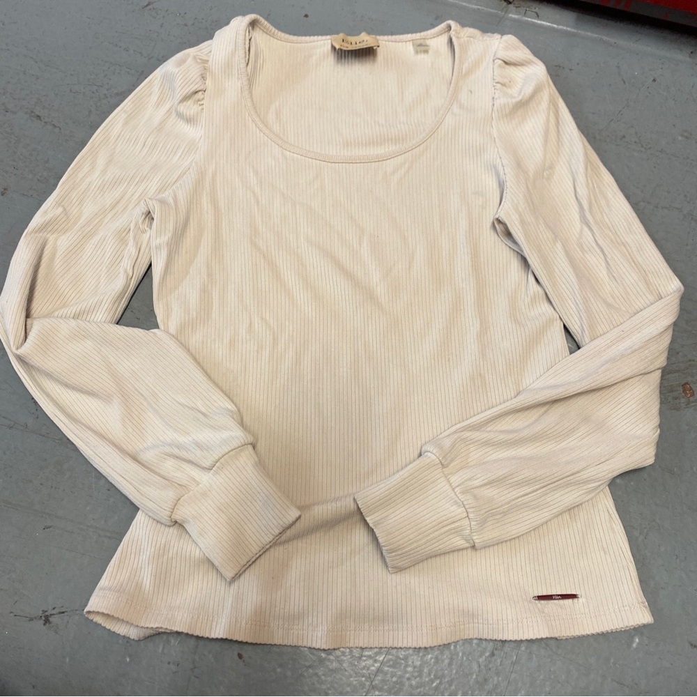 Elie Tahari Cream Ribbed Scoop Neck Long Sleeve Top | Size M